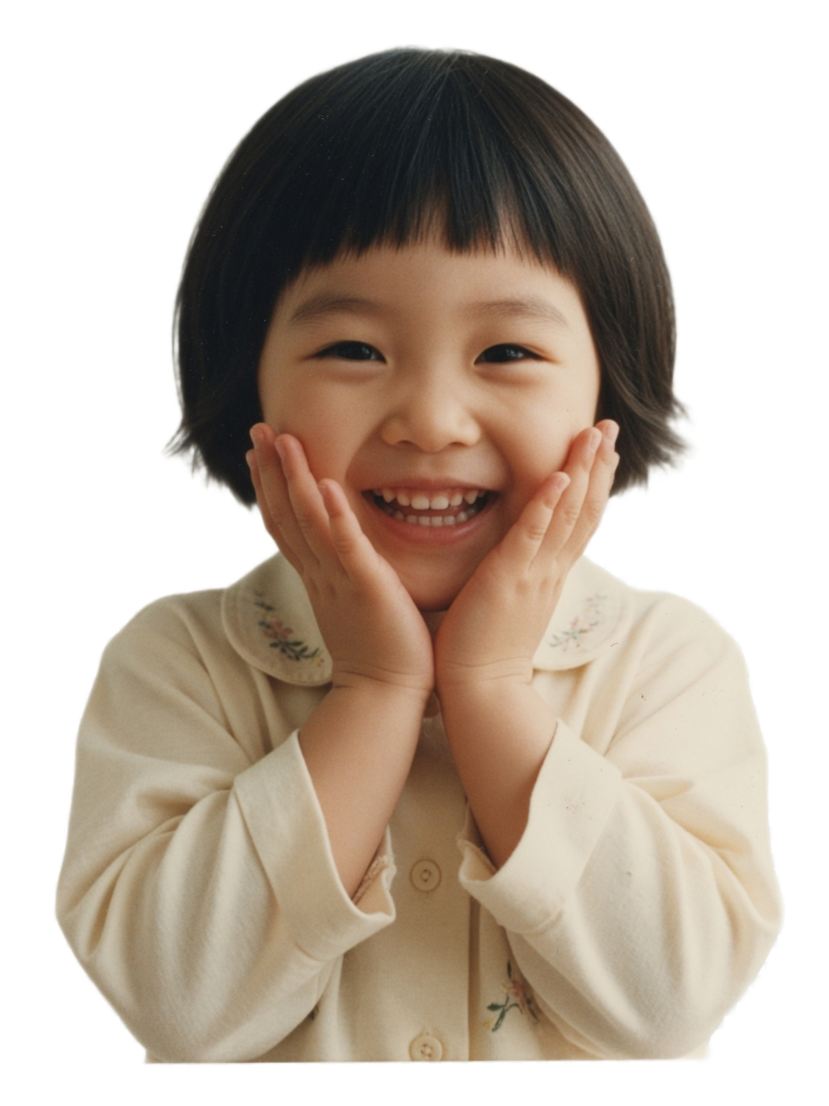 A little girl looking excited with her hands near her face
